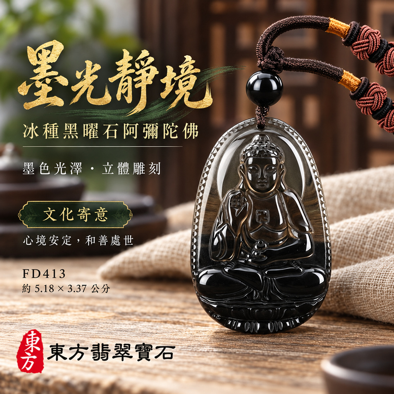 黑曜石阿彌陀佛項鍊玉珮｜慈悲接引・光明清淨・安定自在・平安吉祥｜冰種黑曜石阿彌陀佛｜阿彌陀佛｜阿彌陀佛玉珮・阿彌陀佛玉墜・阿彌陀佛吊墜・阿彌陀佛項鍊｜FD413｜男女玉石項鍊・送禮收藏｜客製化訂做阿彌陀佛玉珮、阿彌陀佛玉墜、阿彌陀佛吊墜、阿彌陀佛項鍊｜附東方翡翠寶石保證卡・東方翡翠寶石