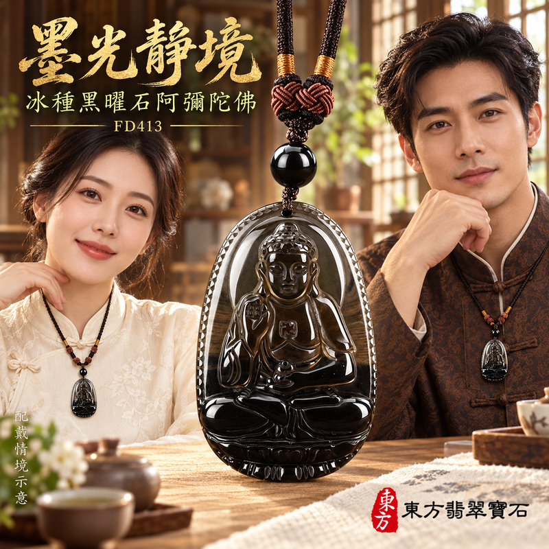 黑曜石阿彌陀佛項鍊玉珮｜慈悲接引・光明清淨・安定自在・平安吉祥｜冰種黑曜石阿彌陀佛｜阿彌陀佛｜阿彌陀佛玉珮・阿彌陀佛玉墜・阿彌陀佛吊墜・阿彌陀佛項鍊｜FD413｜男女玉石項鍊・送禮收藏｜客製化訂做阿彌陀佛玉珮、阿彌陀佛玉墜、阿彌陀佛吊墜、阿彌陀佛項鍊｜附東方翡翠寶石保證卡・東方翡翠寶石