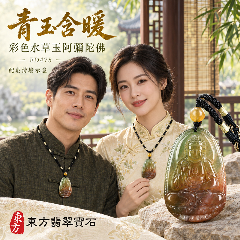 已售出可訂做｜水草玉阿彌陀佛項鍊玉珮｜慈悲接引・光明清淨・安定自在・平安吉祥｜綠色帶紅色帶黃色水草玉阿彌陀佛｜阿彌陀佛｜阿彌陀佛玉珮・阿彌陀佛玉墜・阿彌陀佛吊墜・阿彌陀佛項鍊｜FD475｜男女玉石項鍊・送禮收藏｜客製化訂做阿彌陀佛玉珮、阿彌陀佛玉墜、阿彌陀佛吊墜、阿彌陀佛項鍊｜附東方翡翠寶石保證卡・東方翡翠寶石