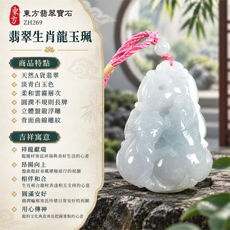 翡翠生肖龍三合六合項鍊玉珮|祥龍獻瑞・昂揚向上・相伴和合・圓滿安好・用心傳神的文化祝願|天然A貨翡翠・淡青白玉色・柔和雲霧層次・圓潤不規則長牌・立體盤龍浮雕・背面曲線雕紋・淺色圓珠與桃紅編繩相映|緬甸翡翠生肖龍吊墜玉墜|ZH269|可洽詢客製化訂做翡翠生肖龍項鍊|附中國玉石鑑定所證書與東方翡翠寶石保證卡雙證書 1 翡翠生肖龍三合六合項鍊玉珮|祥龍獻瑞・昂揚向上・相伴和合・圓滿安好・用心傳神的文化祝願|天然A貨翡翠・淡青白玉色・柔和雲霧層次・圓潤不規則長牌・立體盤龍浮雕・背面曲線雕紋・淺色圓珠與桃紅編繩相映|緬甸翡翠生肖龍吊墜玉墜|ZH269|可洽詢客製化訂做翡翠生肖龍項鍊|附中國玉石鑑定所證書與東方翡翠寶石保證卡雙證書 1