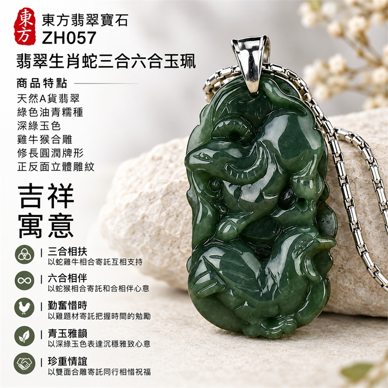 翡翠生肖蛇三合六合項鍊玉珮|三合相扶、六合相伴、勤奮惜時、青玉雅韻、珍重情誼的文化祝福|天然A貨翡翠・綠色油青糯種・深綠玉色・雞牛猴合雕・修長圓潤牌形・正反面立體雕紋・銀色吊頭搭配銀色鍊|緬甸A貨翡翠|ZH057|附中國玉石鑑定所證書及東方翡翠寶石保證書 1 翡翠生肖蛇三合六合項鍊玉珮|三合相扶、六合相伴、勤奮惜時、青玉雅韻、珍重情誼的文化祝福|天然A貨翡翠・綠色油青糯種・深綠玉色・雞牛猴合雕・修長圓潤牌形・正反面立體雕紋・銀色吊頭搭配銀色鍊|緬甸A貨翡翠|ZH057|附中國玉石鑑定所證書及東方翡翠寶石保證書 1