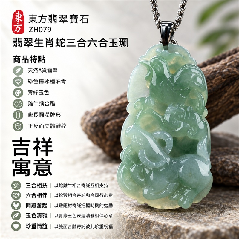 翡翠生肖蛇三合六合項鍊玉珮｜三合相扶、六合相伴、聞雞奮起、玉色清雅、珍重情誼的文化祝福｜天然A貨翡翠・綠色糯冰種油青・青綠玉色・雞牛猴合雕・修長圓潤牌形・正反面立體雕紋・局部淡黃調・銀色吊頭搭配扭紋鍊｜緬甸A貨翡翠｜ZH079｜附中國玉石鑑定所證書及東方翡翠寶石保證書 1