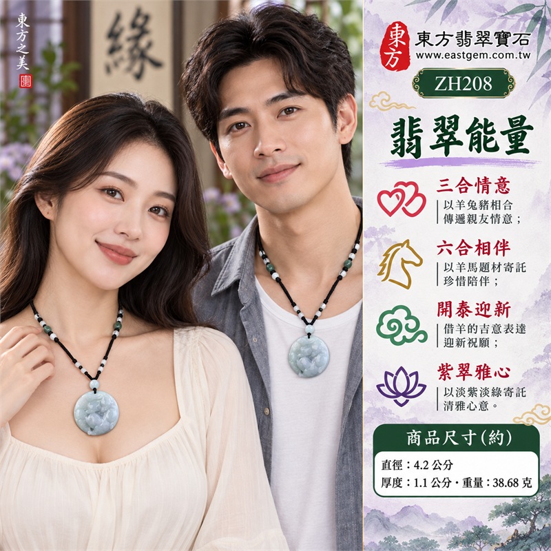 翡翠生肖羊三合六合項鍊玉珮羊兔豬馬圓形生肖玉雕吊墜｜三合情意、六合相伴、開泰迎新、和睦情長、紫翠雅心｜天然A貨翡翠、淡綠帶淡紫糯種、羊兔豬馬雙面雕刻、圓形厚實生肖玉牌、黑色編繩淺色圓珠、側繩深綠淺色配件｜緬甸天然A貨翡翠淡綠帶淡紫糯種雙面玉牌｜商品編號ZH208｜可洽詢客製化訂做生肖羊翡翠項鍊玉珮｜附A貨翡翠雙證書與中國玉石鑑定所證書 2