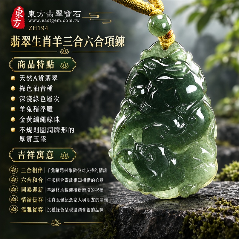 翡翠生肖羊三合六合項鍊玉珮｜三合相伴、六合和合、開泰迎新、情誼長存、溫雅從容的生肖文化祝福｜天然A貨翡翠、綠色油青種、深淺綠色層次、羊兔豬浮雕、金黃編繩綠珠、不規則圓潤牌形的厚實玉墜｜緬甸A貨翡翠生肖羊牌｜商品編號ZH194｜可洽詢客製化訂做生肖羊玉珮項鍊｜附A貨翡翠雙證書GS21061100020及東方翡翠寶石保證書ZH194 1