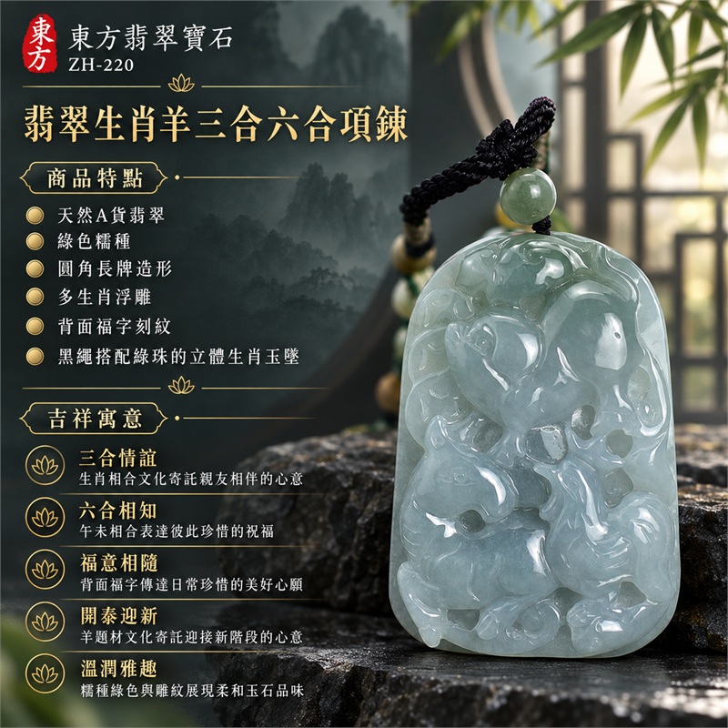 翡翠生肖羊三合六合項鍊玉珮|三合情誼、六合相知、福意相隨、開泰迎新、溫潤雅趣的生肖文化祝福|天然A貨翡翠、綠色糯種、圓角長牌造形、多生肖浮雕、背面福字刻紋、黑繩搭配綠珠的立體生肖玉墜|緬甸A貨翡翠糯種雕刻羊牌項鍊|商品編號ZH-220|附A貨翡翠雙證書GS23030700002及東方翡翠寶石保證書ZH-220 1 翡翠生肖羊三合六合項鍊玉珮|三合情誼、六合相知、福意相隨、開泰迎新、溫潤雅趣的生肖文化祝福|天然A貨翡翠、綠色糯種、圓角長牌造形、多生肖浮雕、背面福字刻紋、黑繩搭配綠珠的立體生肖玉墜|緬甸A貨翡翠糯種雕刻羊牌項鍊|商品編號ZH-220|附A貨翡翠雙證書GS23030700002及東方翡翠寶石保證書ZH-220 1