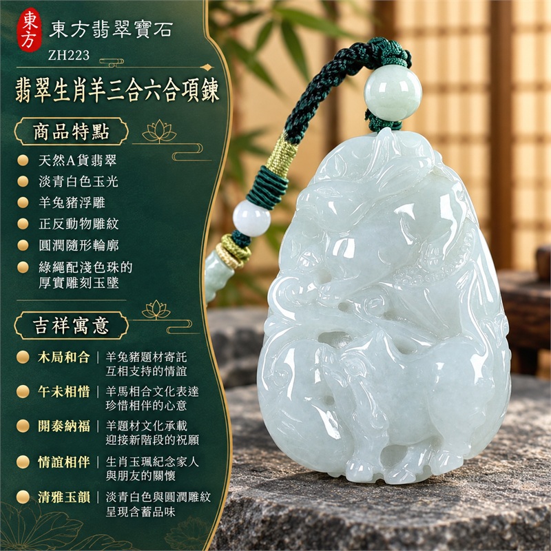 翡翠生肖羊三合六合項鍊玉珮｜木局和合、午未相惜、開泰納福、情誼相伴、清雅玉韻的生肖文化祝福｜天然A貨翡翠、淡青白色玉光、羊兔豬浮雕、正反動物雕紋、圓潤隨形輪廓、綠繩配淺色珠的厚實雕刻玉墜｜緬甸A貨翡翠生肖羊牌項鍊｜商品編號ZH223｜可洽詢客製化訂做生肖羊玉珮項鍊｜附A貨翡翠雙證書SH23040600030及ZH223 1