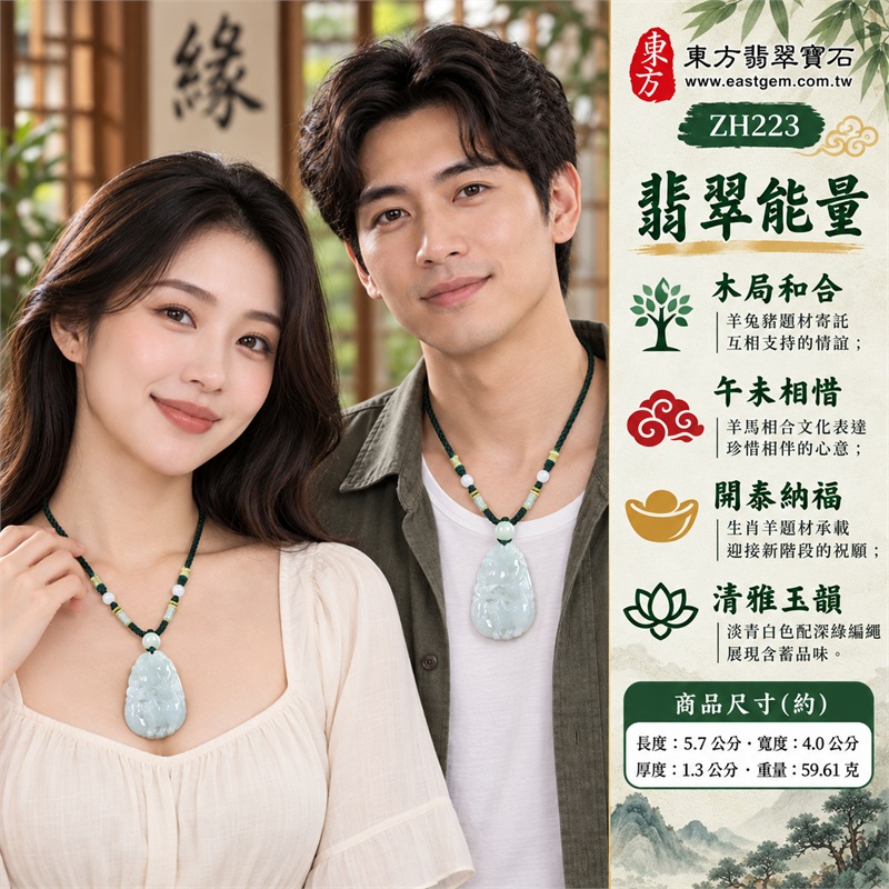 翡翠生肖羊三合六合項鍊玉珮｜木局和合、午未相惜、開泰納福、情誼相伴、清雅玉韻的生肖文化祝福｜天然A貨翡翠、淡青白色玉光、羊兔豬浮雕、正反動物雕紋、圓潤隨形輪廓、綠繩配淺色珠的厚實雕刻玉墜｜緬甸A貨翡翠生肖羊牌項鍊｜商品編號ZH223｜可洽詢客製化訂做生肖羊玉珮項鍊｜附A貨翡翠雙證書SH23040600030及ZH223 2