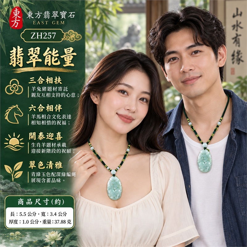 翡翠生肖羊三合六合項鍊玉珮｜三合相扶、六合相伴、開泰迎喜、情誼長存、翠色清雅的生肖文化祝福｜天然A貨翡翠、青綠色澤、羊兔豬浮雕、正反動物雕紋、隨形鏤空輪廓、綠繩配淺色珠的立體生肖玉墜｜緬甸A貨翡翠隨形雕刻羊牌項鍊｜商品編號ZH257｜可洽詢客製化訂做生肖羊玉珮項鍊｜附A貨翡翠雙證書SH23122400159及ZH257 2
