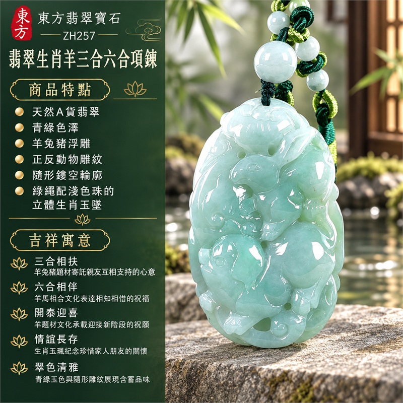 翡翠生肖羊三合六合項鍊玉珮｜三合相扶、六合相伴、開泰迎喜、情誼長存、翠色清雅的生肖文化祝福｜天然A貨翡翠、青綠色澤、羊兔豬浮雕、正反動物雕紋、隨形鏤空輪廓、綠繩配淺色珠的立體生肖玉墜｜緬甸A貨翡翠隨形雕刻羊牌項鍊｜商品編號ZH257｜可洽詢客製化訂做生肖羊玉珮項鍊｜附A貨翡翠雙證書SH23122400159及ZH257 1