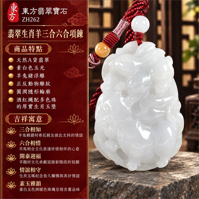 翡翠生肖羊三合六合項鍊玉珮｜三合相知、六合相惜、開泰迎福、情誼相守、素玉雅韻的生肖文化祝福｜天然A貨翡翠、素白色玉光、羊兔豬浮雕、正反動物雕紋、圓潤隨形輪廓、酒紅繩配多色珠的厚實生肖玉墜｜緬甸A貨翡翠隨形雕刻羊牌項鍊｜商品編號ZH262｜可洽詢客製化訂做生肖羊玉珮項鍊｜附A貨翡翠雙證書SH24022900046及ZH262 1