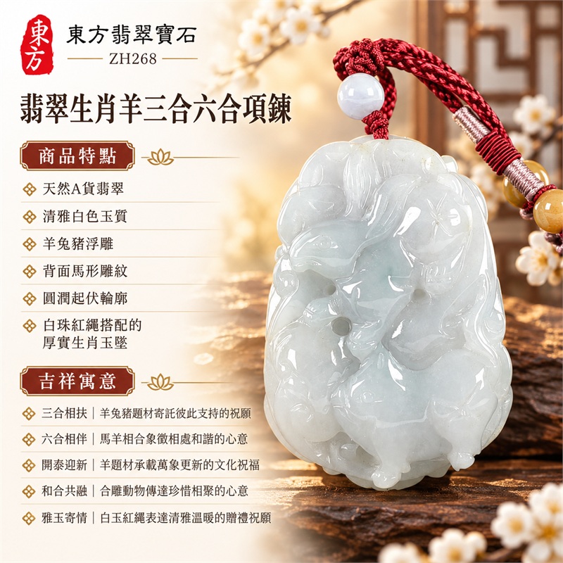 翡翠生肖羊三合六合貴人項鍊玉珮｜三合相扶、六合相伴、開泰迎新、和合共融、雅玉寄情｜天然A貨翡翠、清雅白色玉質、羊兔豬浮雕、背面馬形雕紋、圓潤起伏輪廓、白珠紅繩搭配的厚實生肖玉墜｜緬甸天然A貨翡翠生肖羊玉珮｜商品編號ZH268｜可客製化訂做各種翡翠生肖羊吊墜玉珮項鍊｜附A貨翡翠雙證書 1