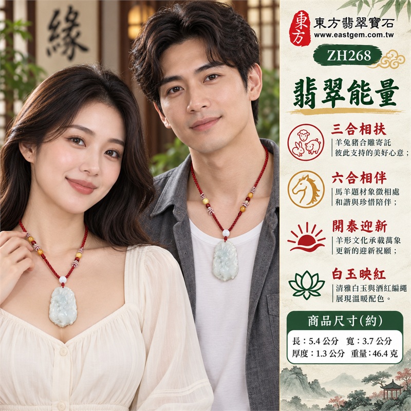 翡翠生肖羊三合六合貴人項鍊玉珮｜三合相扶、六合相伴、開泰迎新、和合共融、雅玉寄情｜天然A貨翡翠、清雅白色玉質、羊兔豬浮雕、背面馬形雕紋、圓潤起伏輪廓、白珠紅繩搭配的厚實生肖玉墜｜緬甸天然A貨翡翠生肖羊玉珮｜商品編號ZH268｜可客製化訂做各種翡翠生肖羊吊墜玉珮項鍊｜附A貨翡翠雙證書 2