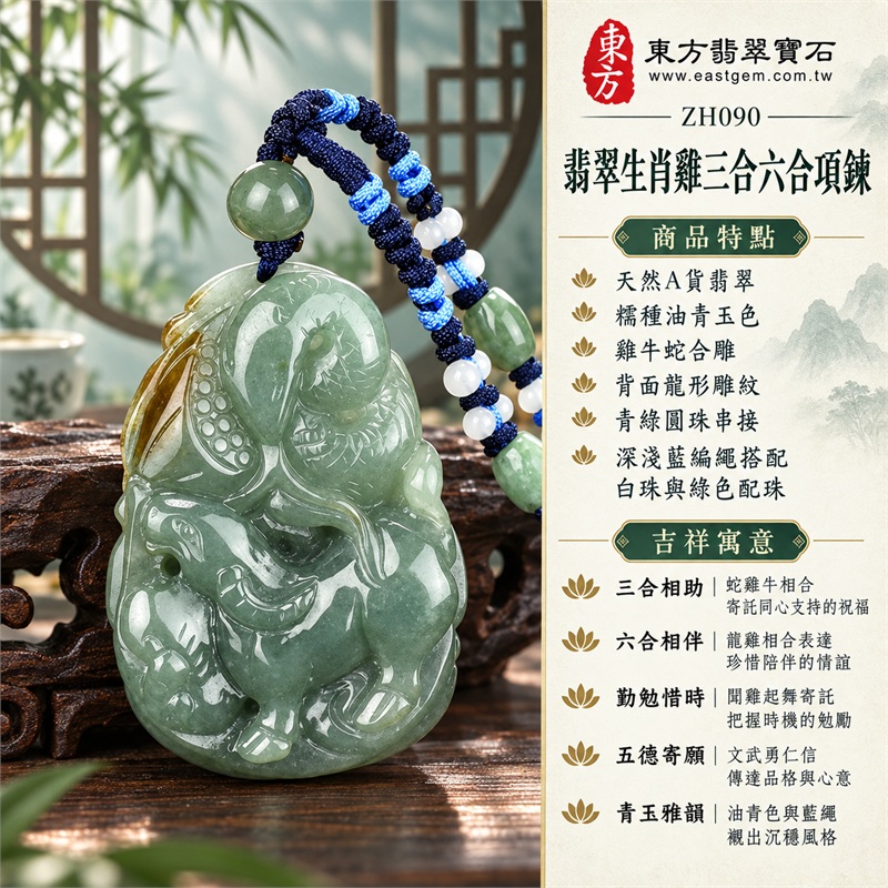 翡翠生肖雞三合六合項鍊玉珮|三合相助、六合相伴、勤勉惜時、五德寄願、青玉雅韻|天然A貨翡翠、糯種油青玉色、雞牛蛇合雕、背面龍形雕紋、青綠圓珠串接、深淺藍編繩搭配白珠與綠色配珠|緬甸A貨翡翠糯種油青生肖玉墜|商品編號ZH090|客製化訂做翡翠生肖雞吊墜玉珮項鍊|附A貨翡翠雙證書與商品對應證書資料 1 翡翠生肖雞三合六合項鍊玉珮|三合相助、六合相伴、勤勉惜時、五德寄願、青玉雅韻|天然A貨翡翠、糯種油青玉色、雞牛蛇合雕、背面龍形雕紋、青綠圓珠串接、深淺藍編繩搭配白珠與綠色配珠|緬甸A貨翡翠糯種油青生肖玉墜|商品編號ZH090|客製化訂做翡翠生肖雞吊墜玉珮項鍊|附A貨翡翠雙證書與商品對應證書資料 1