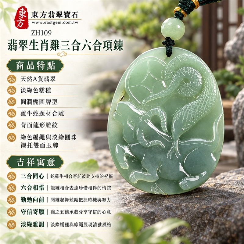 翡翠生肖雞三合六合項鍊玉珮|三合同心、六合相惜、勤勉向前、守信寄願、淡綠雅韻|天然A貨翡翠、淡綠色糯種、圓潤橢圓牌型、雞牛蛇題材合雕、背面龍形雕紋、綠色編繩與淡綠圓珠襯托雙面玉牌|緬甸A貨翡翠淡綠糯種生肖玉墜|商品編號ZH109|客製化訂做翡翠生肖雞吊墜玉珮項鍊|附A貨翡翠雙證書與商品對應證書資料 1 翡翠生肖雞三合六合項鍊玉珮|三合同心、六合相惜、勤勉向前、守信寄願、淡綠雅韻|天然A貨翡翠、淡綠色糯種、圓潤橢圓牌型、雞牛蛇題材合雕、背面龍形雕紋、綠色編繩與淡綠圓珠襯托雙面玉牌|緬甸A貨翡翠淡綠糯種生肖玉墜|商品編號ZH109|客製化訂做翡翠生肖雞吊墜玉珮項鍊|附A貨翡翠雙證書與商品對應證書資料 1