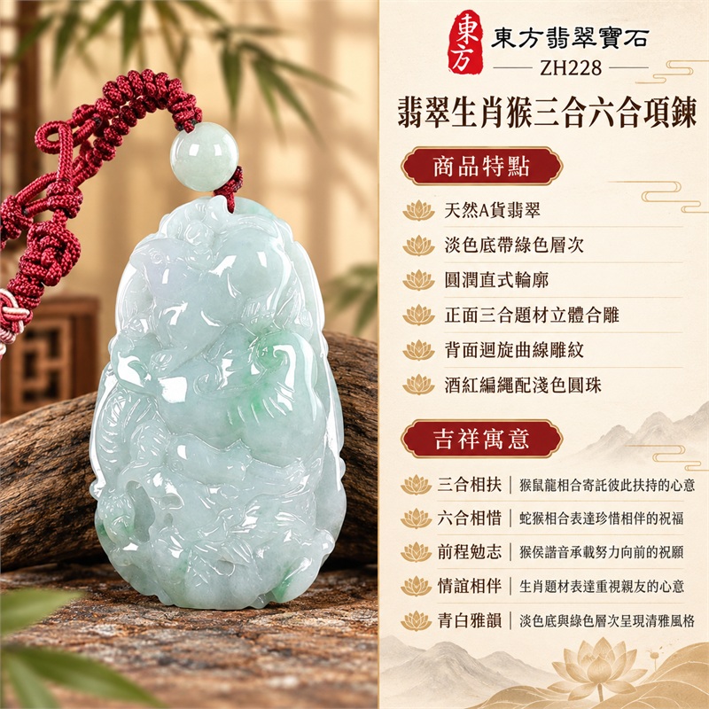 翡翠生肖猴三合六合項鍊｜三合相扶、六合相惜、前程勉志、情誼相伴、青白雅韻的文化祝福｜天然A貨翡翠、淡色底帶綠色層次、圓潤直式輪廓、正面三合題材立體合雕、背面迴旋曲線雕紋、酒紅編繩配淺色圓珠｜緬甸翡翠玉珮玉墜｜ZH228｜可洽詢客製化訂做生肖猴項鍊｜附A貨翡翠雙證書與東方翡翠寶石保證卡 1