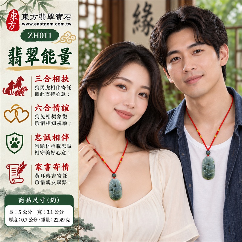 翡翠生肖狗三合六合貴人項鍊玉珮｜三合相扶、六合情誼、忠誠相伴、家書寄情、生肖寄願｜油青細糯種玉質、灰綠深淺層次、正面狗馬虎雕紋、背面兔紋雕刻、橢圓圓潤輪廓、紅繩黃線搭配｜緬甸A貨翡翠生肖狗吊墜玉珮項鍊｜ZH011｜附A貨翡翠雙證書與完整商品鑑定資訊 2
