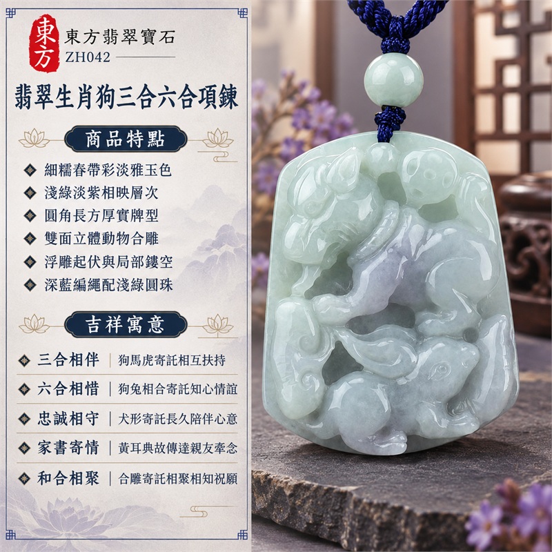 翡翠生肖狗三合六合項鍊|三合相伴、六合相惜、忠誠相守、家書寄情、和合相聚|細糯春帶彩淡雅玉色、淺綠淡紫相映層次、圓角長方厚實牌型、雙面立體動物合雕、浮雕起伏與局部鏤空、深藍編繩配淺綠圓珠|緬甸A貨翡翠生肖動物合雕玉珮|ZH042|附中國玉石鑑定所與東方翡翠寶石雙證書 1 翡翠生肖狗三合六合項鍊|三合相伴、六合相惜、忠誠相守、家書寄情、和合相聚|細糯春帶彩淡雅玉色、淺綠淡紫相映層次、圓角長方厚實牌型、雙面立體動物合雕、浮雕起伏與局部鏤空、深藍編繩配淺綠圓珠|緬甸A貨翡翠生肖動物合雕玉珮|ZH042|附中國玉石鑑定所與東方翡翠寶石雙證書 1