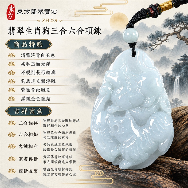 翡翠生肖狗三合六合項鍊|三合相伴、六合相知、忠誠相守、家書傳情、親情長繫|清雅淡青白玉色、柔和玉面光澤、不規則長形輪廓、狗馬虎立體浮雕、背面兔紋雕刻、黑繩金色纏結、淡色圓珠襯托|緬甸A貨翡翠生肖狗玉珮吊墜項鍊|ZH229|客製化訂做各種翡翠生肖狗吊墜玉珮項鍊|附A貨翡翠雙證書 1 翡翠生肖狗三合六合項鍊|三合相伴、六合相知、忠誠相守、家書傳情、親情長繫|清雅淡青白玉色、柔和玉面光澤、不規則長形輪廓、狗馬虎立體浮雕、背面兔紋雕刻、黑繩金色纏結、淡色圓珠襯托|緬甸A貨翡翠生肖狗玉珮吊墜項鍊|ZH229|客製化訂做各種翡翠生肖狗吊墜玉珮項鍊|附A貨翡翠雙證書 1