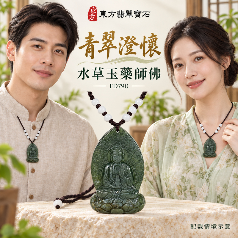 水草玉藥師佛項鍊玉珮｜光明安定・慈悲關懷・善願精進・平安吉祥｜水草玉藥師佛｜藥師如來｜藥師佛玉珮・藥師佛玉墜・藥師佛吊墜・藥師佛項鍊｜FD790｜男女玉石項鍊・送禮收藏｜客製化訂做藥師佛玉珮、藥師佛玉墜、藥師佛吊墜、藥師佛項鍊｜附東方翡翠寶石保證卡・東方翡翠寶石