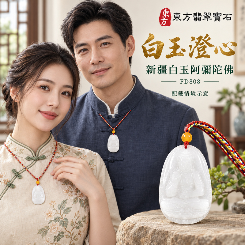 新疆白玉阿彌陀佛項鍊玉珮｜慈悲接引・光明清淨・安定自在・平安吉祥｜新疆白玉阿彌陀佛｜阿彌陀佛｜阿彌陀佛玉珮・阿彌陀佛玉墜・阿彌陀佛吊墜・阿彌陀佛項鍊｜FD808｜男女玉石項鍊・送禮收藏｜客製化訂做阿彌陀佛玉珮、阿彌陀佛玉墜、阿彌陀佛吊墜、阿彌陀佛項鍊｜附東方翡翠寶石保證卡・東方翡翠寶石