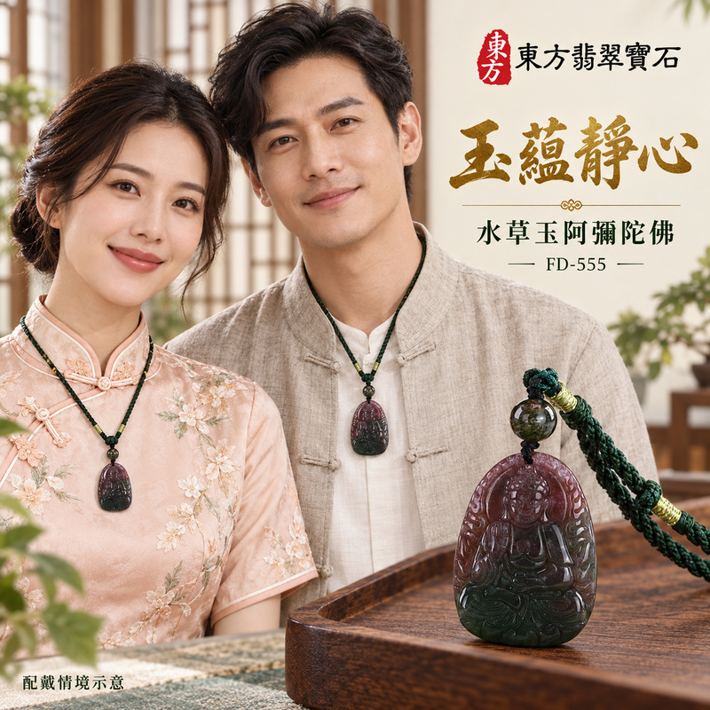 水草玉阿彌陀佛項鍊玉珮｜慈悲接引・光明清淨・安定自在・平安吉祥｜水草玉阿彌陀佛｜阿彌陀佛｜阿彌陀佛玉珮・阿彌陀佛玉墜・阿彌陀佛吊墜・阿彌陀佛項鍊｜FD-555｜男女玉石項鍊・送禮收藏｜客製化訂做阿彌陀佛玉珮、阿彌陀佛玉墜、阿彌陀佛吊墜、阿彌陀佛項鍊｜附東方翡翠寶石保證卡・東方翡翠寶石