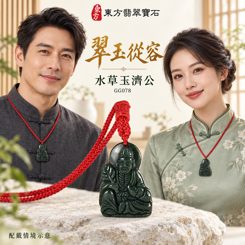 水草玉濟公項鍊玉珮｜扶危濟困・自在豁達・慈悲行善・吉祥相隨｜水草玉濟公｜濟公｜濟公玉珮・濟公玉墜・濟公吊墜・濟公項鍊｜GG078｜男女玉石項鍊・送禮收藏｜客製化訂做濟公玉珮、濟公玉墜、濟公吊墜、濟公項鍊｜附東方翡翠寶石保證卡・東方翡翠寶石
