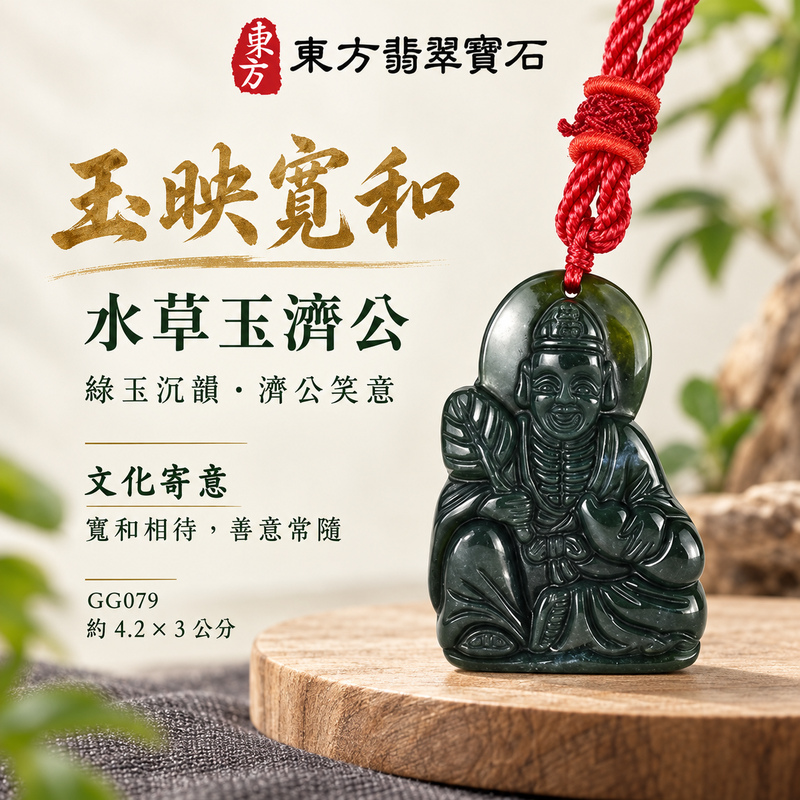 水草玉濟公項鍊玉珮｜扶危濟困・自在豁達・慈悲行善・吉祥相隨｜水草玉濟公｜濟公｜濟公玉珮・濟公玉墜・濟公吊墜・濟公項鍊｜GG079｜男女玉石項鍊・送禮收藏｜客製化訂做濟公玉珮、濟公玉墜、濟公吊墜、濟公項鍊｜附東方翡翠寶石保證卡・東方翡翠寶石