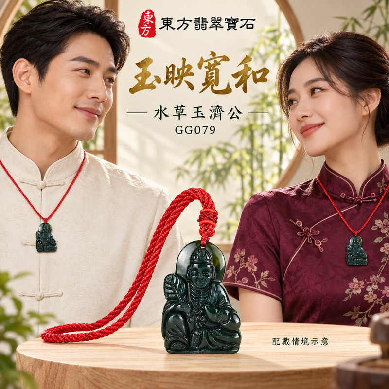 水草玉濟公項鍊玉珮｜扶危濟困・自在豁達・慈悲行善・吉祥相隨｜水草玉濟公｜濟公｜濟公玉珮・濟公玉墜・濟公吊墜・濟公項鍊｜GG079｜男女玉石項鍊・送禮收藏｜客製化訂做濟公玉珮、濟公玉墜、濟公吊墜、濟公項鍊｜附東方翡翠寶石保證卡・東方翡翠寶石
