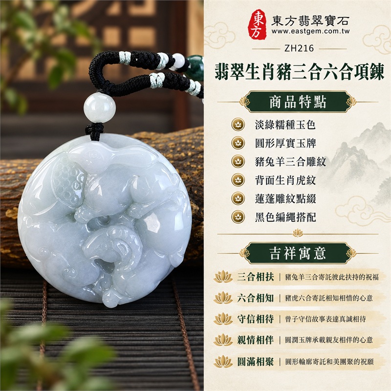 翡翠生肖豬三合六合項鍊|三合相扶、六合相知、守信相待、親情相伴、圓滿相聚|淡綠糯種玉色、圓形厚實玉牌、豬兔羊三合雕紋、背面生肖虎紋、蓮蓬雕紋點綴、黑色編繩搭配、淺色圓珠銜接、正反雙面雕刻|緬甸A貨翡翠生肖豬玉墜與十二生肖貴人掛墜|ZH216|客製化訂做翡翠生肖豬吊墜玉珮項鍊|附A貨翡翠雙證書 1 翡翠生肖豬三合六合項鍊|三合相扶、六合相知、守信相待、親情相伴、圓滿相聚|淡綠糯種玉色、圓形厚實玉牌、豬兔羊三合雕紋、背面生肖虎紋、蓮蓬雕紋點綴、黑色編繩搭配、淺色圓珠銜接、正反雙面雕刻|緬甸A貨翡翠生肖豬玉墜與十二生肖貴人掛墜|ZH216|客製化訂做翡翠生肖豬吊墜玉珮項鍊|附A貨翡翠雙證書 1