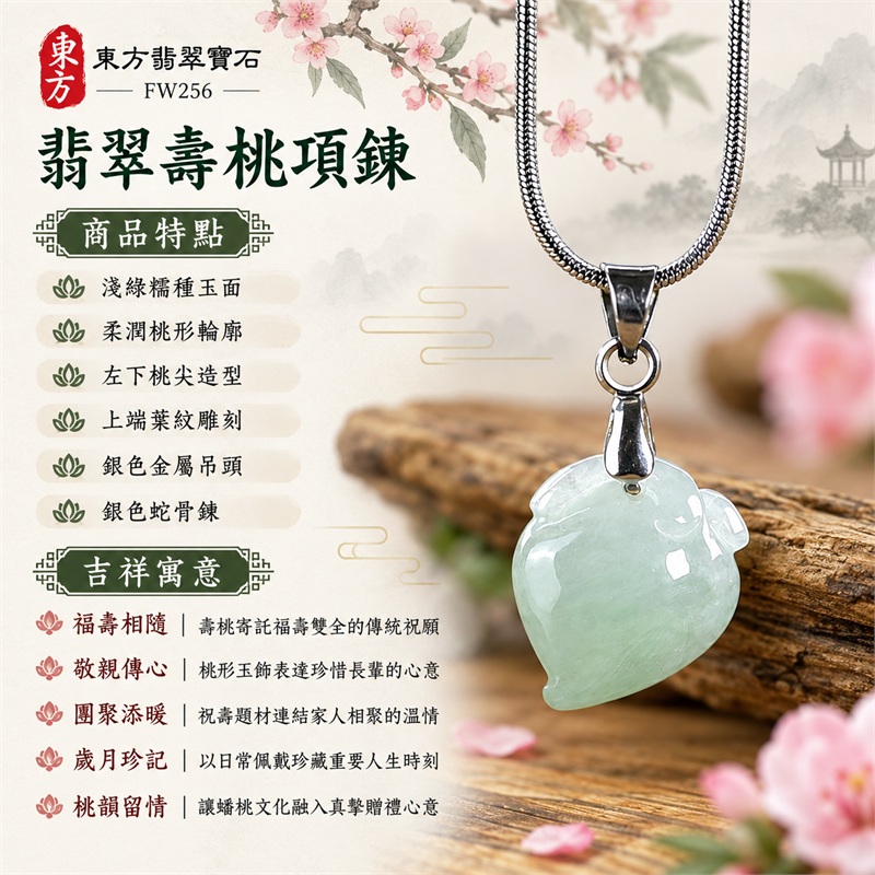 翡翠壽桃吊墜項鍊玉珮｜福壽相隨、敬親傳心、團聚添暖、歲月珍記、桃韻留情｜淺綠糯種玉面、柔潤桃形輪廓、左下桃尖造型、上端葉紋雕刻、銀色金屬吊頭、銀色蛇骨鍊｜緬甸天然A貨糯種翡翠｜FW256｜客製化訂做各種翡翠壽桃吊墜玉珮項鍊｜附A貨翡翠雙證書 1