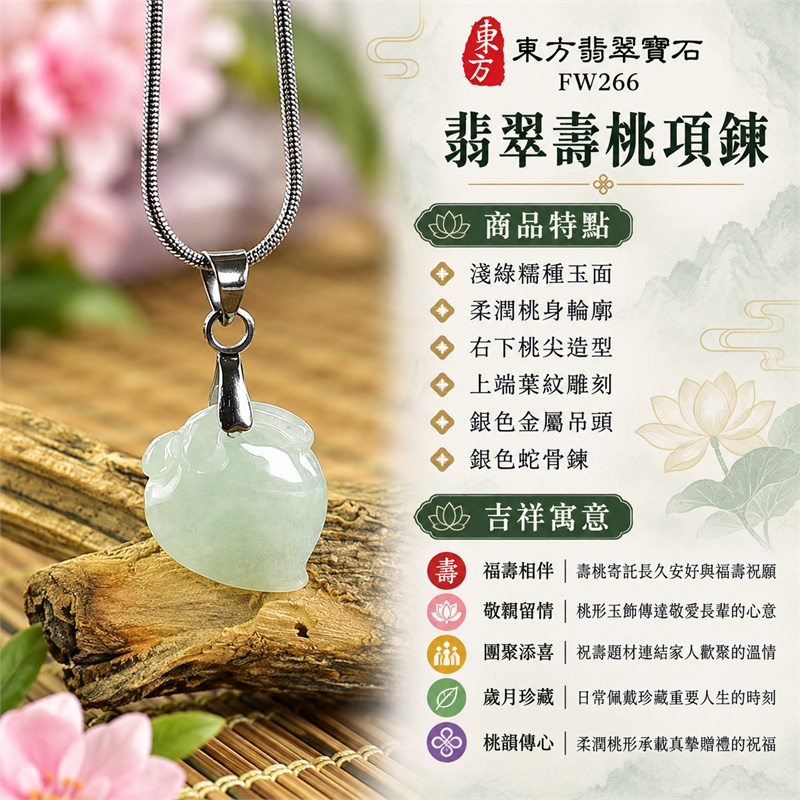 翡翠壽桃吊墜項鍊玉珮|福壽相伴、敬親留情、團聚添喜、歲月珍藏、桃韻傳心|淺綠糯種玉面、柔潤桃身輪廓、右下桃尖造型、上端葉紋雕刻、銀色金屬吊頭、銀色蛇骨鍊|緬甸天然A貨糯種翡翠|FW266|客製化訂做各種翡翠壽桃吊墜玉珮項鍊|附A貨翡翠雙證書 1 翡翠壽桃吊墜項鍊玉珮|福壽相伴、敬親留情、團聚添喜、歲月珍藏、桃韻傳心|淺綠糯種玉面、柔潤桃身輪廓、右下桃尖造型、上端葉紋雕刻、銀色金屬吊頭、銀色蛇骨鍊|緬甸天然A貨糯種翡翠|FW266|客製化訂做各種翡翠壽桃吊墜玉珮項鍊|附A貨翡翠雙證書 1