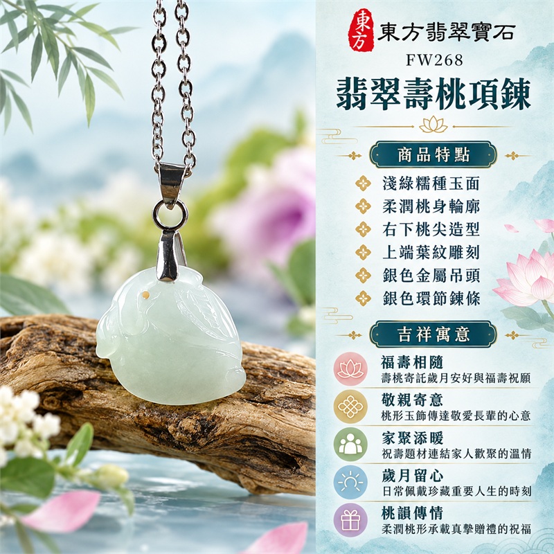 翡翠壽桃吊墜項鍊玉珮｜福壽相隨、敬親寄意、家聚添暖、歲月留心、桃韻傳情｜淺綠糯種玉面、柔潤桃身輪廓、右下桃尖造型、上端葉紋雕刻、銀色金屬吊頭、銀色環節鍊條｜緬甸天然A貨糯種翡翠｜FW268｜客製化訂做各種翡翠壽桃吊墜玉珮項鍊｜附A貨翡翠雙證書 1