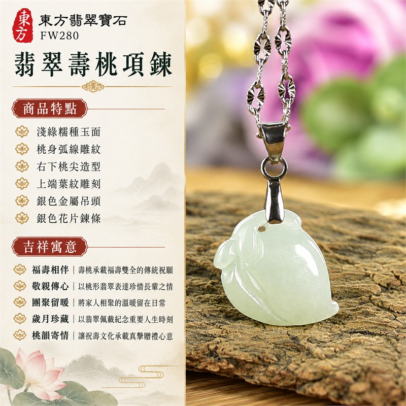 翡翠壽桃吊墜項鍊玉珮｜福壽相伴、敬親傳心、團聚留暖、歲月珍藏、桃韻寄情｜淺綠糯種玉面、桃身弧線雕紋、右下桃尖造型、上端葉紋雕刻、銀色金屬吊頭、銀色花片鍊條｜緬甸天然A貨糯種翡翠｜FW280｜客製化訂做各種翡翠壽桃吊墜玉珮項鍊｜附A貨翡翠雙證書 1