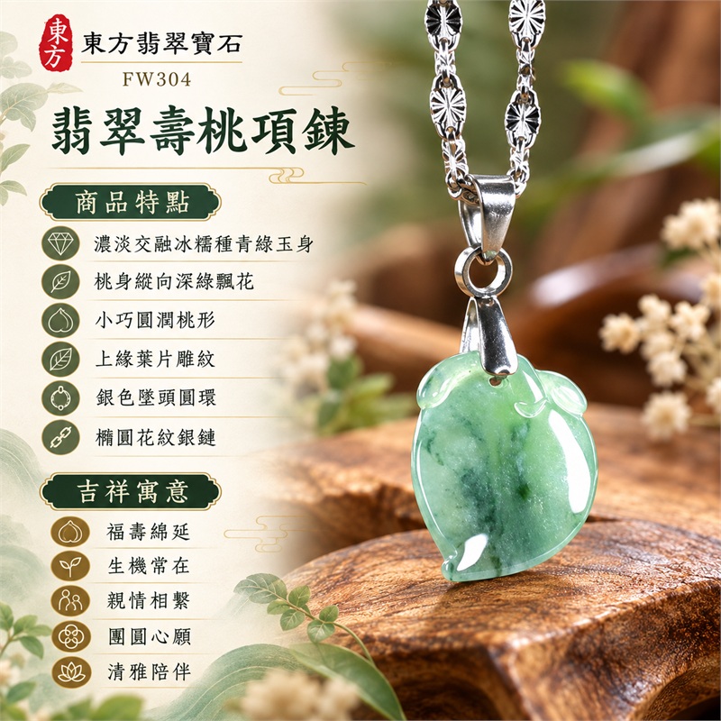 翡翠壽桃項鍊玉珮與青綠縱向飄花桃墜｜福壽綿延・生機常在・親情相繫・團圓心願・清雅陪伴・時光珍藏｜濃淡交融冰糯種青綠玉身・桃身縱向深綠飄花・小巧圓潤桃形・上緣葉片雕紋・銀色墜頭圓環・橢圓花紋銀鏈｜緬甸天然A貨冰糯種翡翠壽桃｜FW304｜翡翠壽桃玉墜客製訂做款式洽詢｜附中國玉石鑑定所GS22092100681與東方翡翠FW304雙證書 1