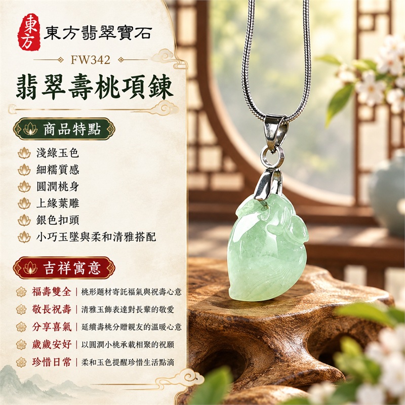 翡翠壽桃項鍊玉珮壽桃牌玉墜吊墜|福壽雙全・敬長祝壽・分享喜氣・歲歲安好・珍惜日常的桃形吉祥祝福|淺綠玉色・細糯質感・圓潤桃身・上緣葉雕・銀色扣頭・小巧玉墜與柔和清雅搭配|緬甸A貨翡翠淺綠色細糯種壽桃雕件|商品編號FW342|附A貨翡翠雙證書與中國玉石鑑定所證書GS22092100719及東方翡翠寶石保證書 1 翡翠壽桃項鍊玉珮壽桃牌玉墜吊墜|福壽雙全・敬長祝壽・分享喜氣・歲歲安好・珍惜日常的桃形吉祥祝福|淺綠玉色・細糯質感・圓潤桃身・上緣葉雕・銀色扣頭・小巧玉墜與柔和清雅搭配|緬甸A貨翡翠淺綠色細糯種壽桃雕件|商品編號FW342|附A貨翡翠雙證書與中國玉石鑑定所證書GS22092100719及東方翡翠寶石保證書 1