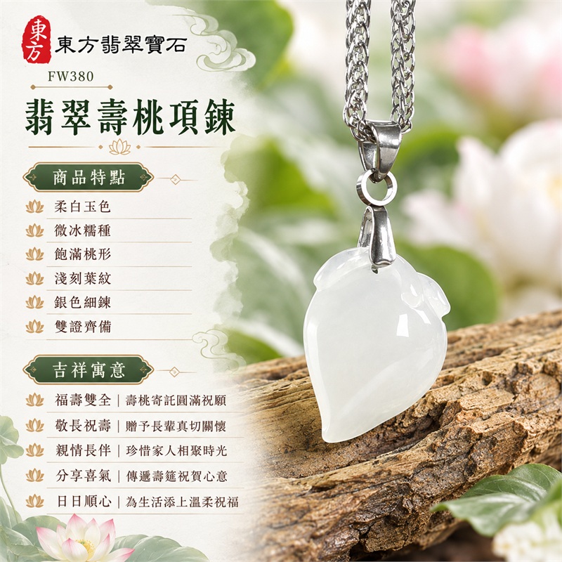 翡翠壽桃項鍊玉珮｜福壽雙全・敬長祝壽・親情長伴・圓滿祝願・分享喜氣｜柔白玉色・微冰糯種・飽滿桃形・淺刻葉紋・銀色細鍊・雙證齊備｜緬甸A貨翡翠白色壽桃吊墜玉飾｜商品編號FW380｜可洽詢客製化訂做各種翡翠壽桃吊墜玉珮項鍊｜附中國玉石鑑定所證書與東方翡翠寶石保證書 1
