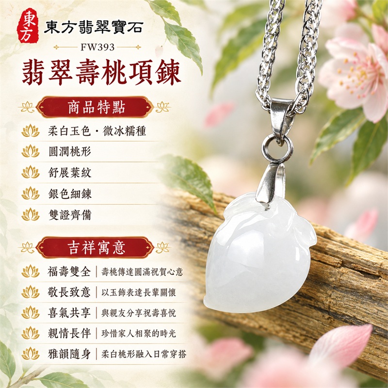 翡翠壽桃項鍊玉珮|福壽雙全・敬長致意・喜氣共享・親情長伴・雅韻隨身|柔白玉色・微冰糯種・圓潤桃形・舒展葉紋・銀色細鍊・雙證齊備|緬甸A貨翡翠白色微冰糯種壽桃吊墜玉飾|商品編號FW393|可洽詢客製化訂做各種翡翠壽桃吊墜玉珮項鍊|附中國玉石鑑定所證書與東方翡翠寶石保證書 1 翡翠壽桃項鍊玉珮|福壽雙全・敬長致意・喜氣共享・親情長伴・雅韻隨身|柔白玉色・微冰糯種・圓潤桃形・舒展葉紋・銀色細鍊・雙證齊備|緬甸A貨翡翠白色微冰糯種壽桃吊墜玉飾|商品編號FW393|可洽詢客製化訂做各種翡翠壽桃吊墜玉珮項鍊|附中國玉石鑑定所證書與東方翡翠寶石保證書 1