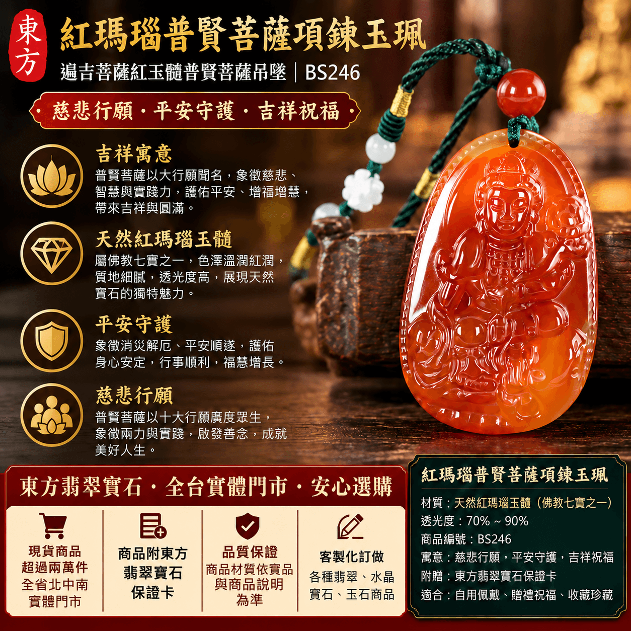 紅瑪瑙普賢菩薩項鍊玉珮|遍吉菩薩紅玉髓普賢菩薩吊墜|慈悲行願・平安守護・吉祥祝福|佛教七寶瑪瑙玉髓|透光度70%~90%|BS246|客製化訂做|附東方翡翠寶石保證卡1 紅瑪瑙普賢菩薩項鍊玉珮|遍吉菩薩紅玉髓普賢菩薩吊墜|慈悲行願・平安守護・吉祥祝福|佛教七寶瑪瑙玉髓|透光度70%~90%|BS246|客製化訂做|附東方翡翠寶石保證卡1