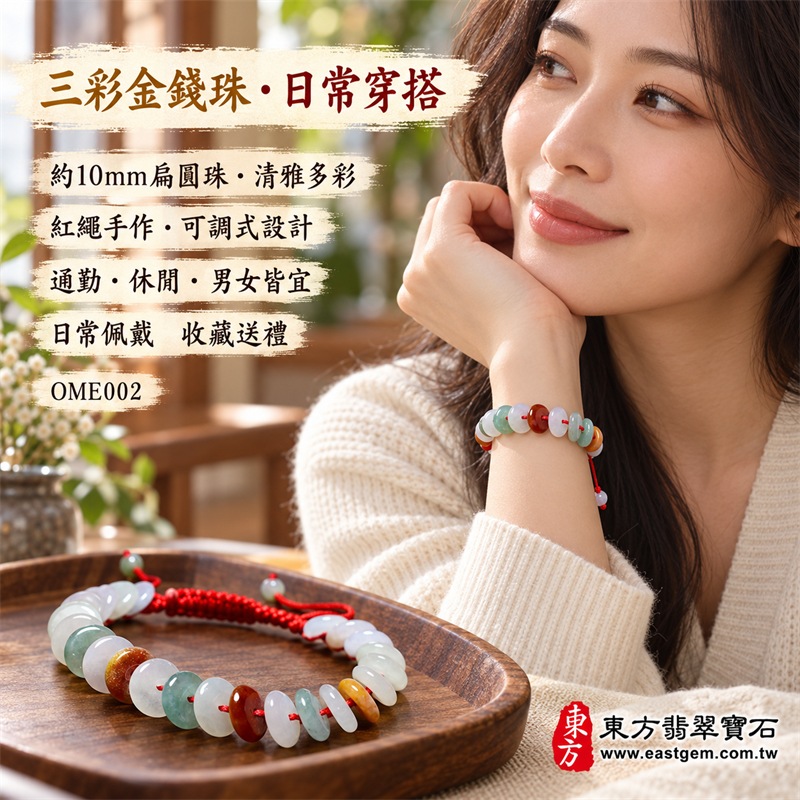 三彩金錢珠翡翠手鍊|天然緬甸玉A貨翡翠紅繩手鍊|乳白淡紫、油青綠、蜜糖黃、橙黃與紅褐色三彩金錢珠約10mm扁圓珠|中央穿孔錢幣造型、不同色彩錯落排列、天然石紋與棉絮自然分布、紅繩手工串製、可調式長繩結、玉質溫潤柔和、色彩自然豐富、造型清雅吉祥|金錢珠寓意財源廣進、招財納福、富貴豐盛、平安順遂、福氣相連、圓滿吉祥|男女皆宜|適合商務佩戴、通勤穿搭、休閒造型、開業祝福、生日送禮及日常收藏|可依手圍客製化翡翠珠串、翡翠珠子、緬甸玉手鍊、緬甸玉珠串、緬甸玉珠子、緬甸玉手珠|附中國玉石鑑定證書與東方翡翠寶石保證書雙證書|OME002-6 三彩金錢珠翡翠手鍊|天然緬甸玉A貨翡翠紅繩手鍊|乳白淡紫、油青綠、蜜糖黃、橙黃與紅褐色三彩金錢珠約10mm扁圓珠|中央穿孔錢幣造型、不同色彩錯落排列、天然石紋與棉絮自然分布、紅繩手工串製、可調式長繩結、玉質溫潤柔和、色彩自然豐富、造型清雅吉祥|金錢珠寓意財源廣進、招財納福、富貴豐盛、平安順遂、福氣相連、圓滿吉祥|男女皆宜|適合商務佩戴、通勤穿搭、休閒造型、開業祝福、生日送禮及日常收藏|可依手圍客製化翡翠珠串、翡翠珠子、緬甸玉手鍊、緬甸玉珠串、緬甸玉珠子、緬甸玉手珠|附中國玉石鑑定證書與東方翡翠寶石保證書雙證書|OME002-6