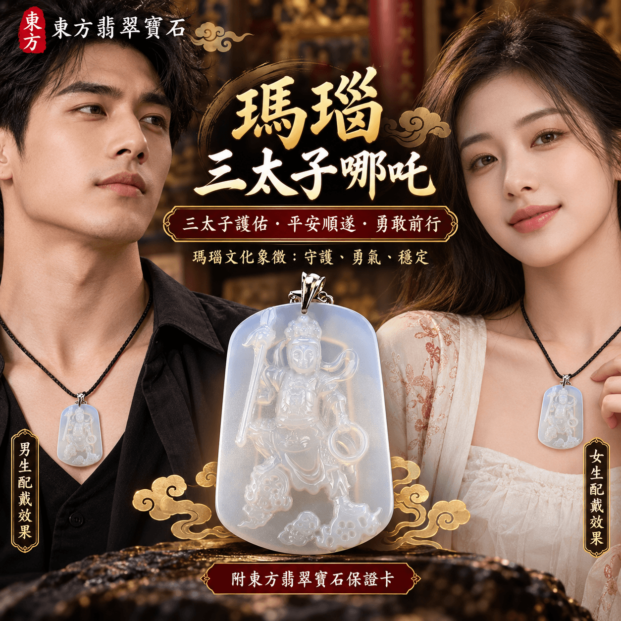 （已售出勿下標，可訂做）瑪瑙三太子哪吒項鍊玉珮｜中壇元帥太子爺・平安守護・勇氣智慧・事業順遂｜淡雅淺紫色瑪瑙玉髓｜三太子哪吒玉墜 TT003｜客製化訂做｜附中國玉石鑑定所證書・東方翡翠寶石保證卡2