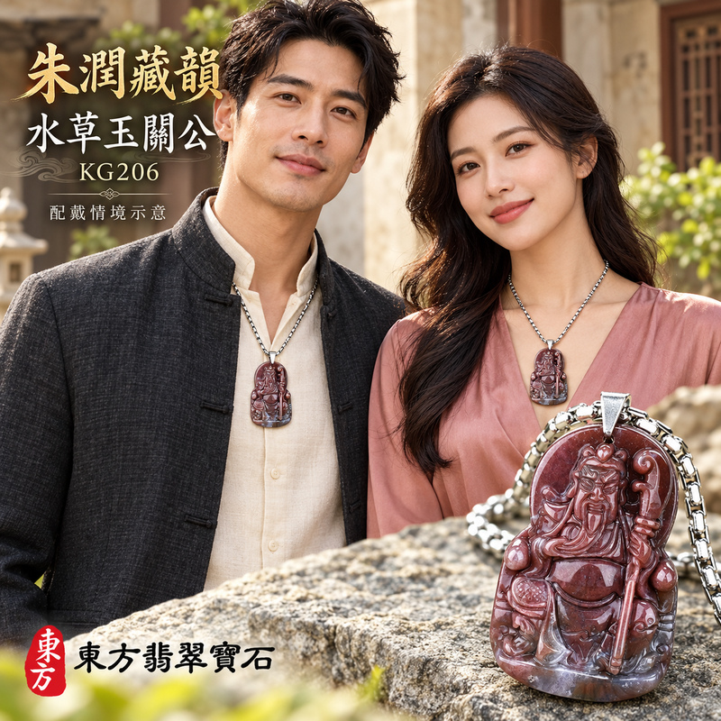 水草玉關公項鍊玉珮｜忠義誠信・勇毅擔當・事業順遂・平安守護｜紅色水草玉關公｜關聖帝君｜關公玉珮・關公玉墜・關公吊墜・關公項鍊｜KG206｜男女玉石項鍊・送禮收藏｜客製化訂做關公玉珮、關公玉墜、關公吊墜、關公項鍊｜附東方翡翠寶石保證卡・東方翡翠寶石