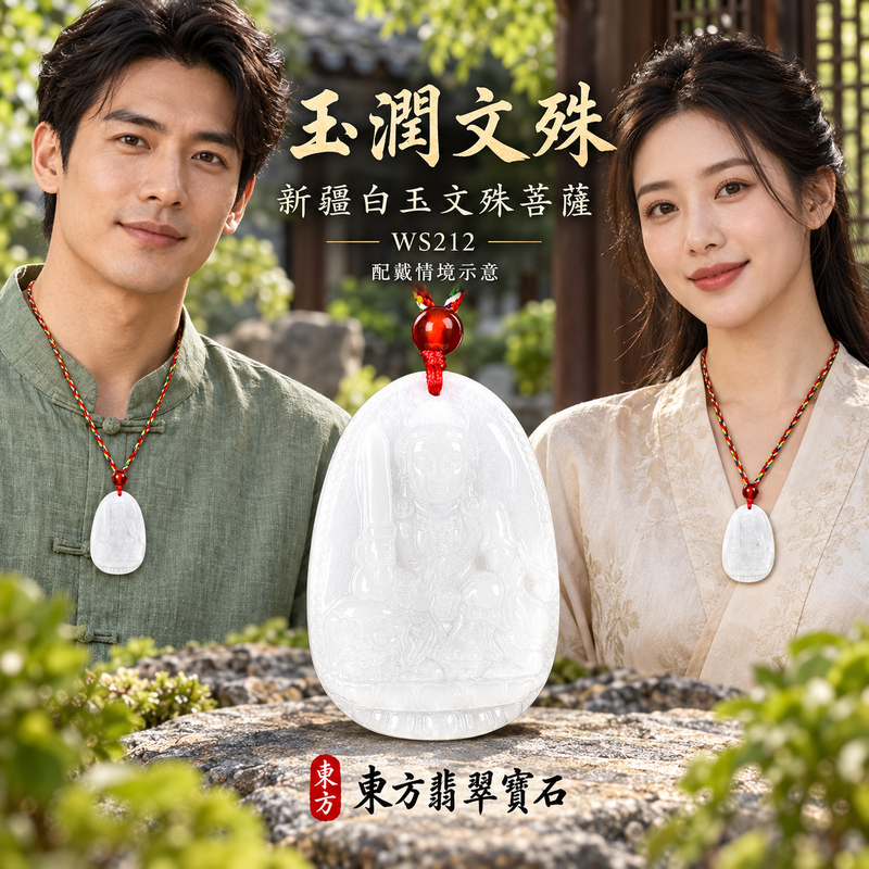 新疆白玉文殊菩薩項鍊玉珮｜智慧圓明・明辨通達・學業精進・前程順遂｜新疆白玉文殊菩薩｜文殊菩薩｜文殊菩薩玉珮・文殊菩薩玉墜・文殊菩薩吊墜・文殊菩薩項鍊｜WS212｜男女玉石項鍊・送禮收藏｜客製化訂做文殊菩薩玉珮、文殊菩薩玉墜、文殊菩薩吊墜、文殊菩薩項鍊｜附東方翡翠寶石保證卡・東方翡翠寶石