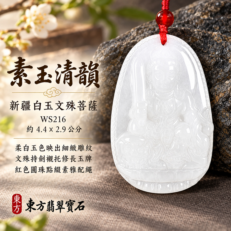 新疆白玉文殊菩薩項鍊玉珮｜智慧圓明・明辨通達・學業精進・前程順遂｜新疆白玉文殊菩薩｜文殊菩薩｜文殊菩薩玉珮・文殊菩薩玉墜・文殊菩薩吊墜・文殊菩薩項鍊｜WS216｜男女玉石項鍊・送禮收藏｜客製化訂做文殊菩薩玉珮、文殊菩薩玉墜、文殊菩薩吊墜、文殊菩薩項鍊｜附東方翡翠寶石保證卡・東方翡翠寶石