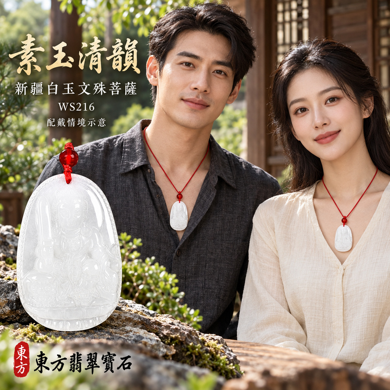 新疆白玉文殊菩薩項鍊玉珮｜智慧圓明・明辨通達・學業精進・前程順遂｜新疆白玉文殊菩薩｜文殊菩薩｜文殊菩薩玉珮・文殊菩薩玉墜・文殊菩薩吊墜・文殊菩薩項鍊｜WS216｜男女玉石項鍊・送禮收藏｜客製化訂做文殊菩薩玉珮、文殊菩薩玉墜、文殊菩薩吊墜、文殊菩薩項鍊｜附東方翡翠寶石保證卡・東方翡翠寶石