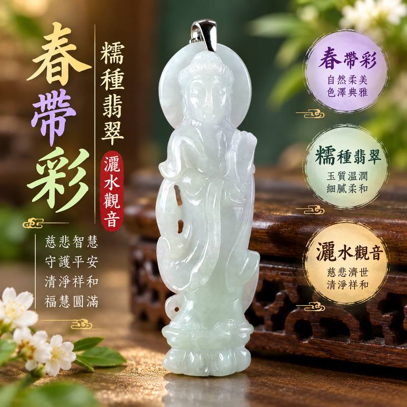 春帶彩糯種翡翠灑水觀音觀世音菩薩玉珮 I 慈悲智慧守護平安清淨祥和福慧圓滿 GY1647 木土金五行傳統玉文化吉祥祝福 I 緬甸A貨翡翠觀世音菩薩玉墜項鍊附雙證書 I 春帶彩糯種玉質灑水觀音造型適合男女日常佩戴收藏送禮祈福祝願 I 客製化訂做翡翠觀音吊墜玉珮項鍊東方翡翠寶石1