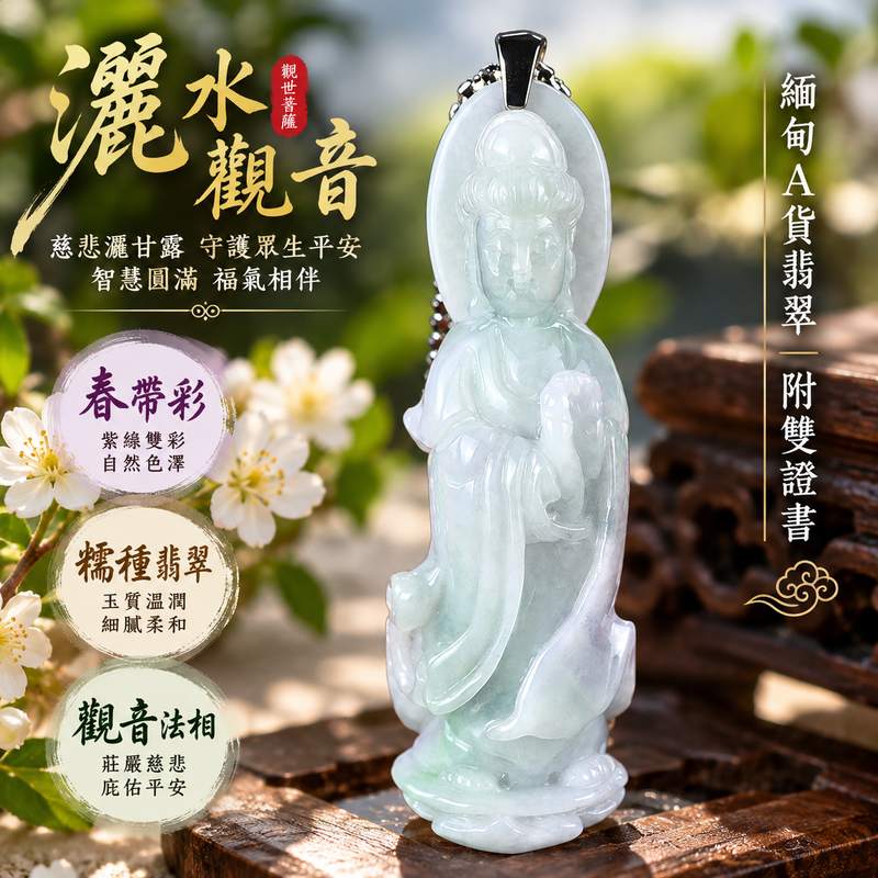 春帶彩糯種翡翠灑水觀音觀世音菩薩玉珮 I 紫綠雙彩自然色澤慈悲灑甘露寓意平安守護吉祥圓滿 GY1652 玉質溫潤觀音法相莊嚴寓意智慧慈悲福氣相伴 I 緬甸A貨翡翠觀世音菩薩玉珮附雙證書適合日常佩戴收藏送禮祈願平安順遂傳承東方玉文化祝福心意1 春帶彩糯種翡翠灑水觀音觀世音菩薩玉珮 I 紫綠雙彩自然色澤慈悲灑甘露寓意平安守護吉祥圓滿 GY1652 玉質溫潤觀音法相莊嚴寓意智慧慈悲福氣相伴 I 緬甸A貨翡翠觀世音菩薩玉珮附雙證書適合日常佩戴收藏送禮祈願平安順遂傳承東方玉文化祝福心意1
