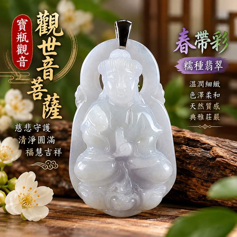 春帶彩糯種寶瓶觀音觀世音菩薩翡翠玉珮 I 慈悲守護平安清淨圓滿寶瓶納福吉祥寓意與溫潤玉質特色 I 緬甸A貨翡翠GY1655觀世音菩薩玉墜項鍊 I 土木金火五行傳統玉文化祝福適合日常佩戴收藏送禮 I 寶瓶觀音慈悲智慧祥和象徵可客製化訂做翡翠觀音玉珮 I 附雙證書中國玉石鑑定所與東方翡翠寶石保證書1