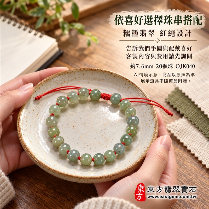 糯種翡翠手鍊、糯種緬甸玉手鍊|淺綠色翡翠圓珠、珠徑約7.6mm、20顆珠、淺綠與灰綠玉色相映、柔和玉色、自然玉石紋理、圓潤珠形、溫潤光澤|紅繩串連、細緻繩結點綴、清雅喜氣、簡約耐看|平安和諧、圓滿順心、福氣相伴、長久安好吉祥寓意|男女日常配戴、質感穿搭、生日紀念送禮、自戴珍藏|客製化翡翠手鍊、翡翠手珠、翡翠珠串、翡翠珠子、緬甸玉手鍊、緬甸玉珠串、緬甸玉珠子與緬甸玉手珠搭配設計|附A貨翡翠雙證書|東方翡翠寶石|OJK040-6 糯種翡翠手鍊、糯種緬甸玉手鍊|淺綠色翡翠圓珠、珠徑約7.6mm、20顆珠、淺綠與灰綠玉色相映、柔和玉色、自然玉石紋理、圓潤珠形、溫潤光澤|紅繩串連、細緻繩結點綴、清雅喜氣、簡約耐看|平安和諧、圓滿順心、福氣相伴、長久安好吉祥寓意|男女日常配戴、質感穿搭、生日紀念送禮、自戴珍藏|客製化翡翠手鍊、翡翠手珠、翡翠珠串、翡翠珠子、緬甸玉手鍊、緬甸玉珠串、緬甸玉珠子與緬甸玉手珠搭配設計|附A貨翡翠雙證書|東方翡翠寶石|OJK040-6