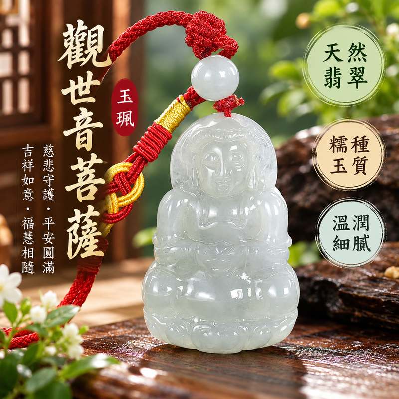 綠色糯種翡翠觀音觀世音菩薩玉珮 I 慈悲守護平安吉祥圓滿祝福 I 溫潤綠色糯種玉質觀音雕刻 GY1818 日常佩戴送禮收藏皆宜 I 緬甸A貨翡翠觀世音菩薩玉珮 I 傳統玉文化祥和守護寓意附雙證書 I 天然翡翠獨特玉質質感與東方文化祝福寓意兼具之觀音玉珮收藏1