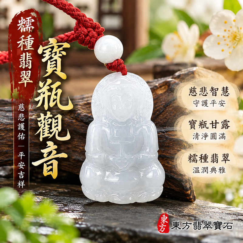 糯種翡翠寶瓶觀音觀世音菩薩玉珮 I 慈悲護佑平安吉祥與清淨智慧的傳統文化象徵 I 寶瓶寓意甘露滋潤心田福慧圓滿 I GY1887 緬甸A貨翡翠觀音玉珮 I 糯種玉質呈現溫潤柔和的視覺美感與天然玉石獨特韻味 I 木土五行文化寓意祥和安定 I 男女皆宜日常佩戴祈福祝福收藏送禮 I 附雙證書與東方翡翠寶石品質保證1